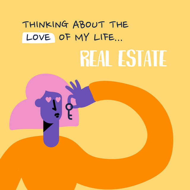 Funny Ad of Real Estate Agency with Woman holding Key Instagram Design Template