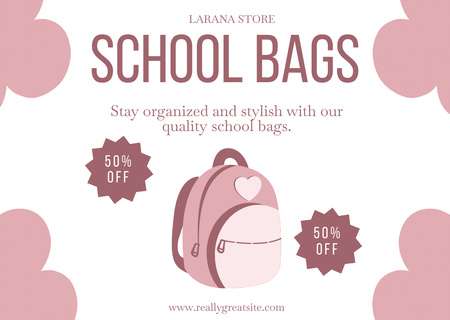 Скидка на школьные сумки с розовым рюкзаком Card – шаблон для дизайна