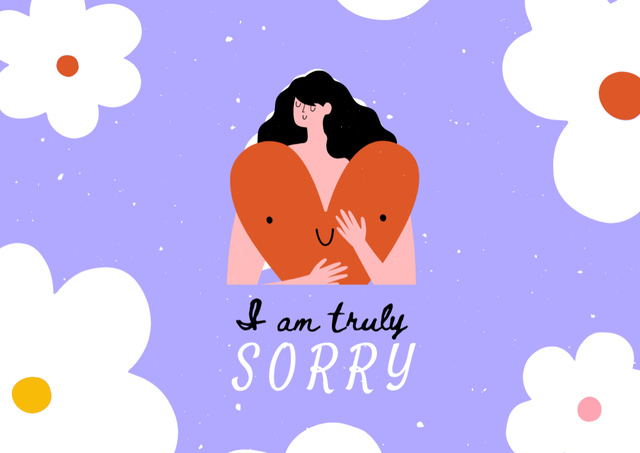 Cute Apology with Woman holding Big Heart Card Design Template