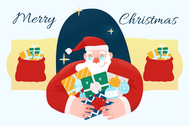 Ontwerpsjabloon van Postcard 4x6in van Thrilling Christmas Holiday Greeting with Santa And Sacks Of Presents