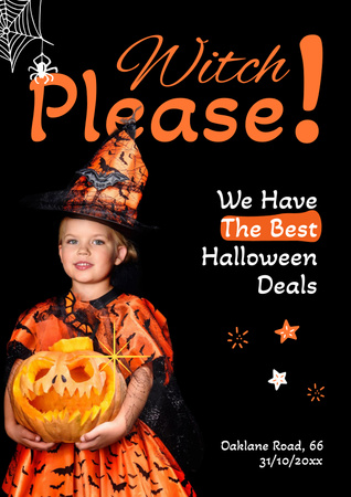 Designvorlage Halloween Offer with Girl in Witch Costume für Poster