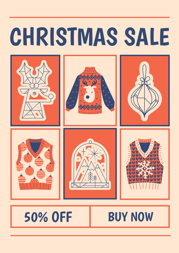 Christmas Sale Offer with Illustrated Knitwear Poster Tasarım Şablonu