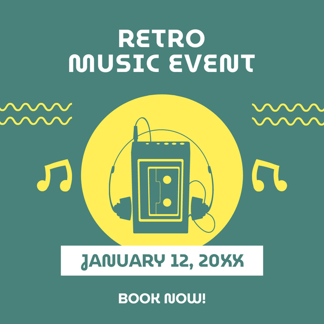 Exciting Retro Music Event Announcement With Booking Instagram AD Design Template