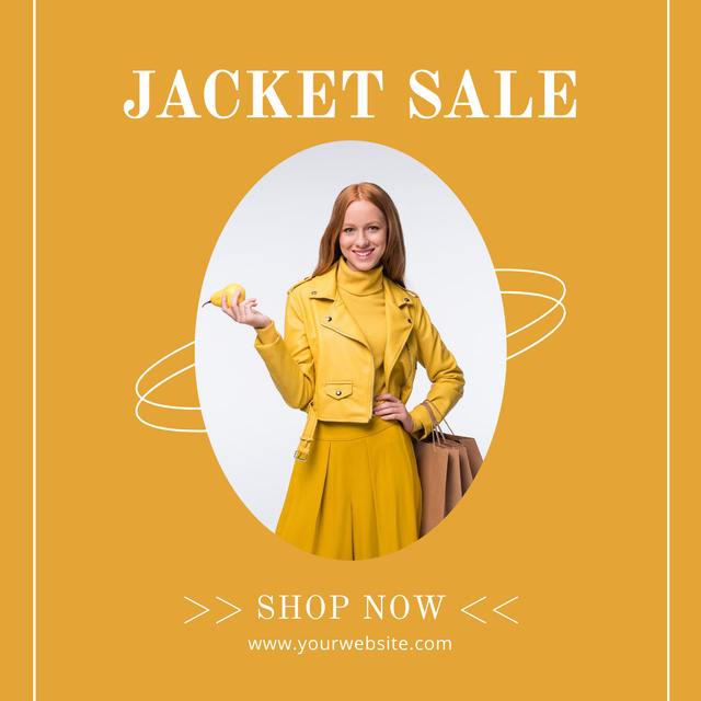 Jacket Sale Announcement with Extravagant Lady in Yellow Outfit Instagram Šablona návrhu