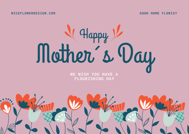 Mother's Day Greeting with Cute Red Flowers Card Tasarım Şablonu