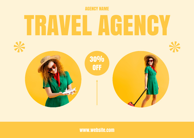 Travel Agency Offer with Woman Traveling on Yellow Card Modelo de Design
