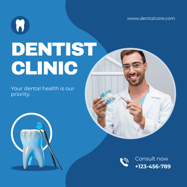 Dental Clinic Services Ad with Friendly Dentist Animated Post Design Template