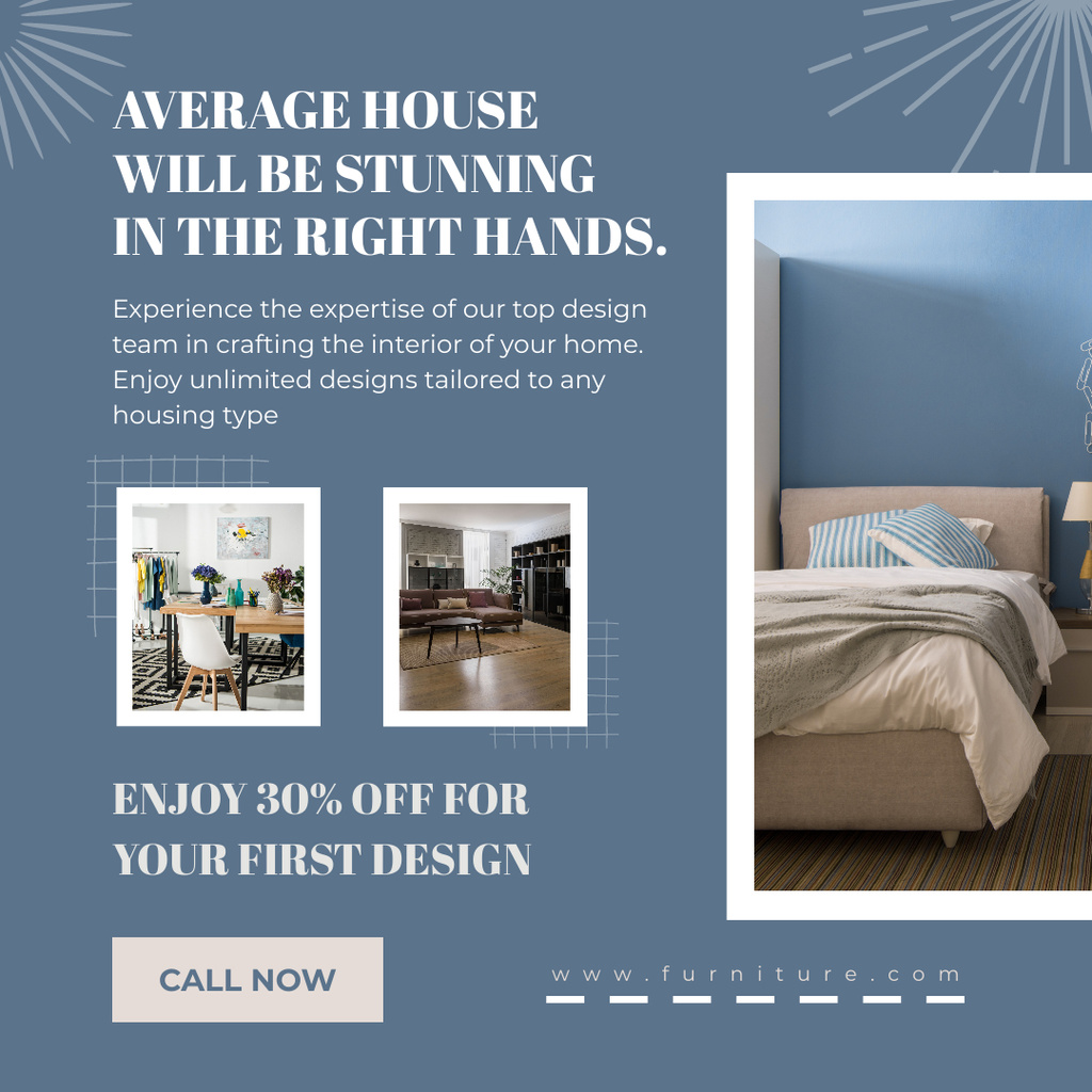 Discount on First Design from Interior Design Studio Instagram – шаблон для дизайну