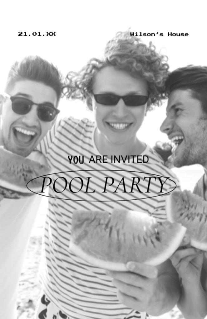 Ontwerpsjabloon van Flyer 5.5x8.5in van Pool Party Announcement with Black and White Photo of Cheerful Men