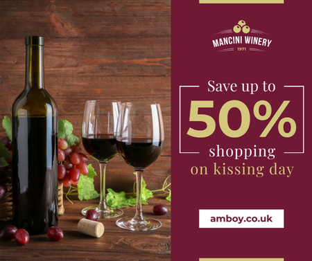 Red Wine Bottle and Filled Glasses on Kissing Day Facebook Design Template