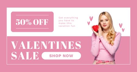 Valentine's Day Discount with Beautiful Blonde Woman on Pink Facebook AD Design Template