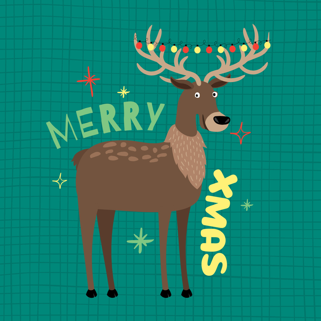 Cute Christmas Greeting with Funny Deer Instagram Tasarım Şablonu