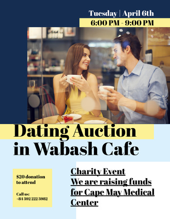 Dating Auction Announcement with Couple in Cafe Poster 8.5x11in Design Template