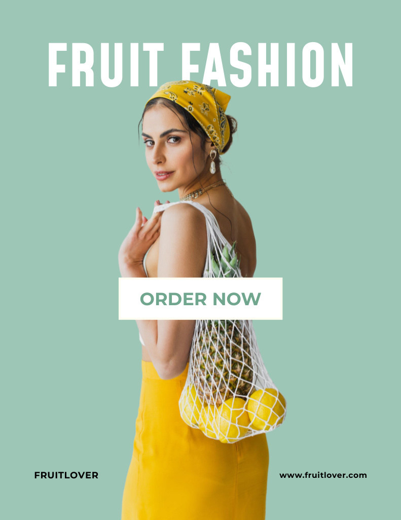 Ontwerpsjabloon van Poster 8.5x11in van Fruit Fashion Ad with Woman holding Bag