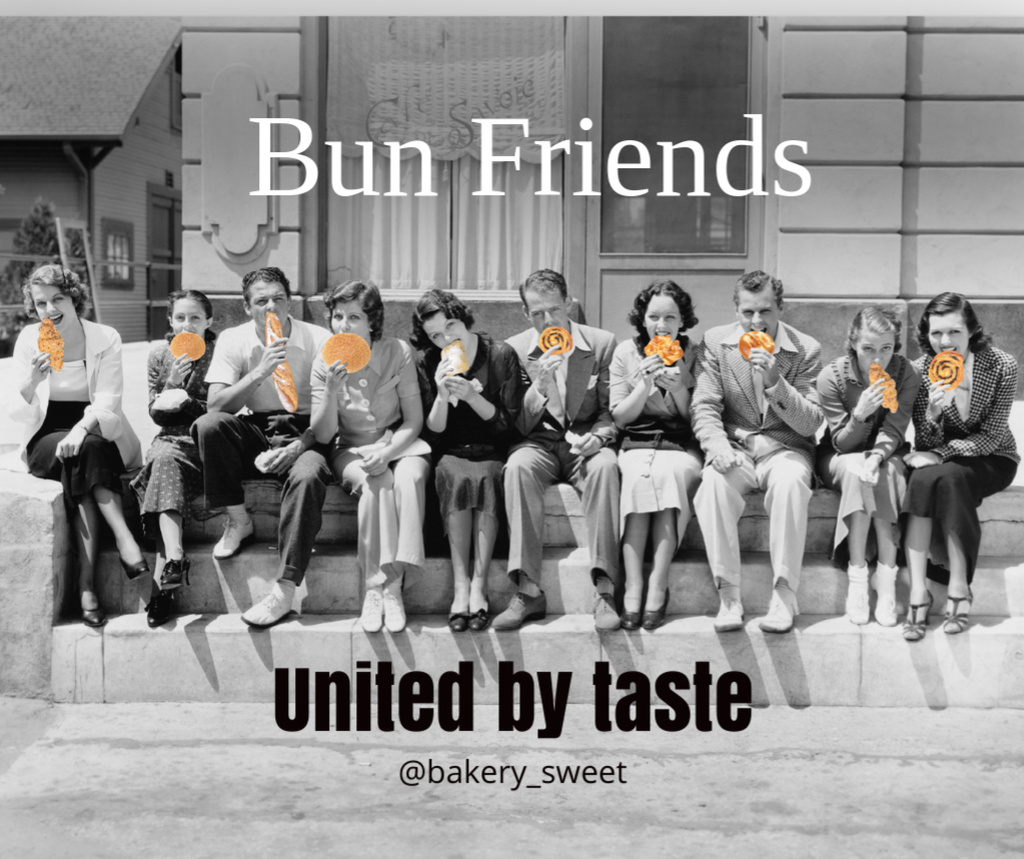 Designvorlage Funny Bakery Promotion with People eating Buns für Facebook