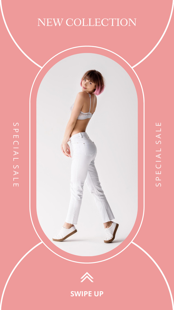 Female Fashion Clothes Ad with Woman posing in Studio Instagram Storyデザインテンプレート