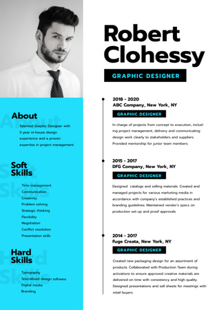 Platilla de diseño Skills and Experience of Graphic Designer on Blue and White Resume