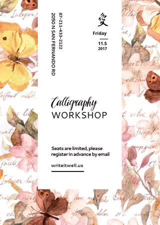 Calligraphy Workshop Announcement Watercolor Flowers Flayer Modelo de Design