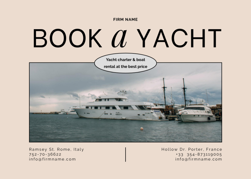 Designvorlage Yacht Charter and Boat Rent Offer für Flyer 5x7in Horizontal
