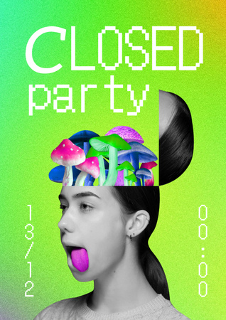 Designvorlage Party Announcement with Bright Mushrooms in Girl's Head für Poster