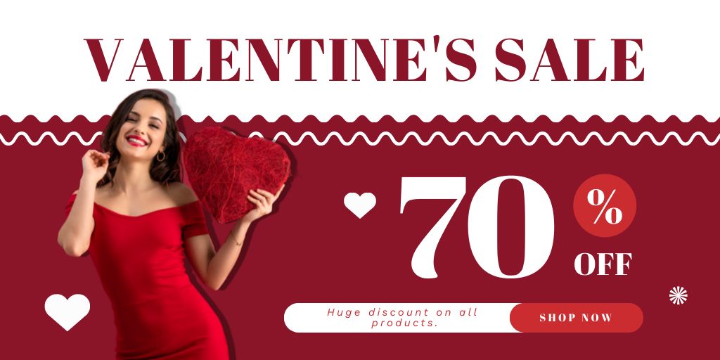 Valentine's Day Sale Announcement with Brunette in Red Twitter tervezősablon