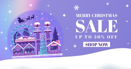 Зимовий міський пейзаж на різдвяному розпродажі фіолетового кольору Facebook AD – шаблон для дизайну