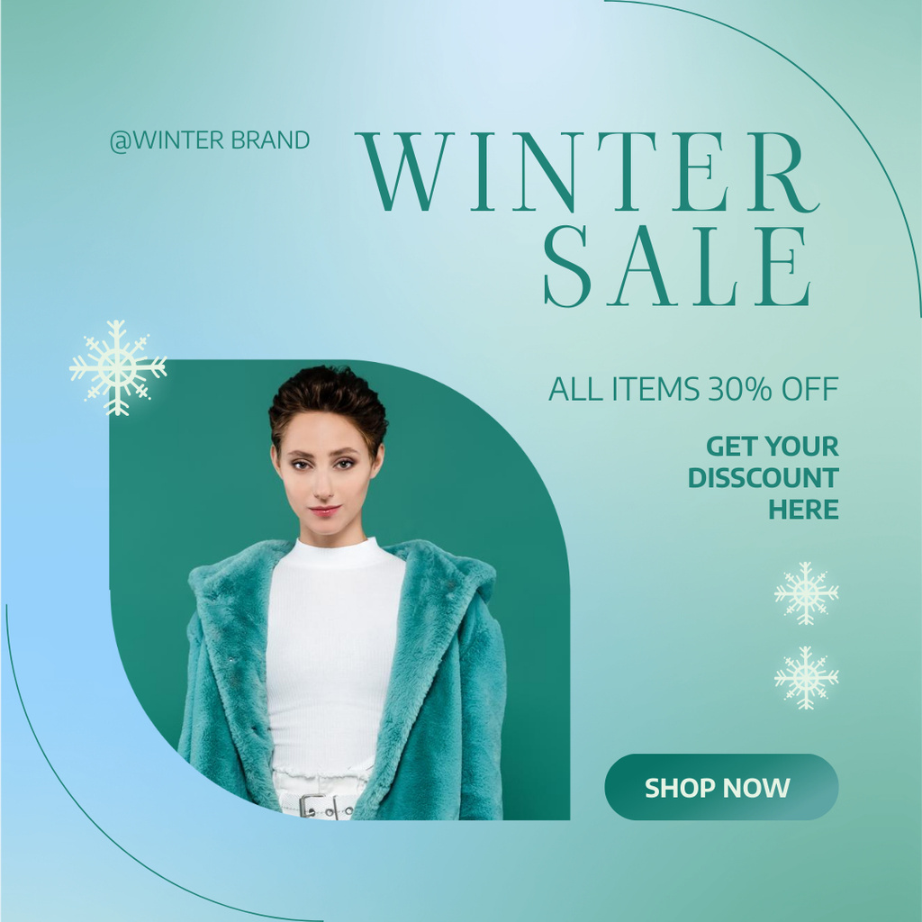 Announcement of Winter Sale of All Positions with Woman in Fur Coat Instagram Design Template