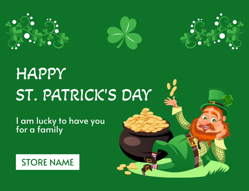 Patrick's Day Greeting with Fantasy Leprechaun Thank You Card 5.5x4in Horizontal Design Template