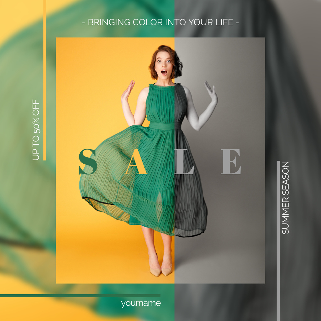 Ontwerpsjabloon van Instagram AD van Fashion Sale Ad with Woman in Green Dress