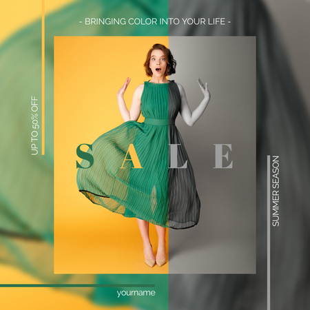 Fashion Sale Ad with Woman in Green Dress Instagram AD Design Template
