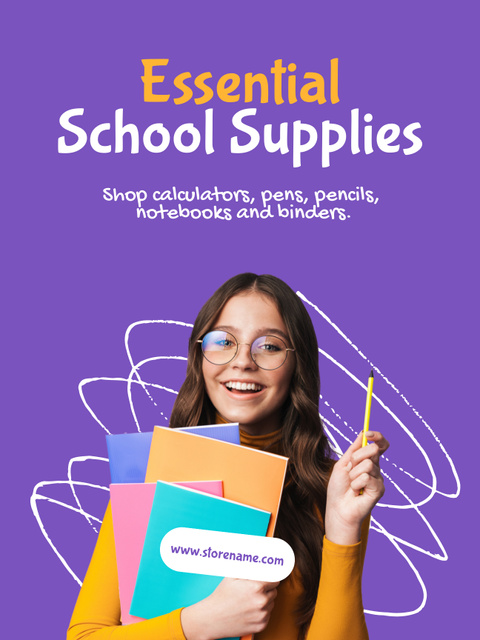 Comprehensive School Supplies Offer In Purple Poster USデザインテンプレート