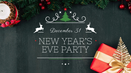 New Year's Eve Party Announcement with Festive Gift FB event cover Design Template