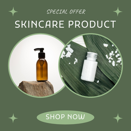 Green Skincare Product Ad with Bottles Instagram Πρότυπο σχεδίασης