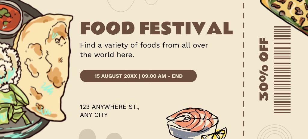 Food Festival Voucher on Beige Coupon 3.75x8.25in Šablona návrhu