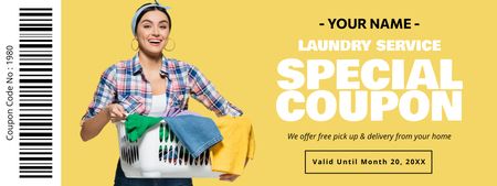 Offering Laundry Services with Young Woman Coupon Design Template