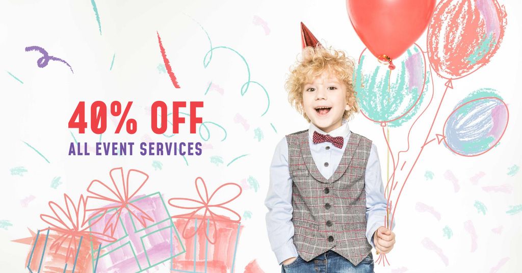 Ontwerpsjabloon van Facebook AD van Event Services Offer with Kid holding Balloons