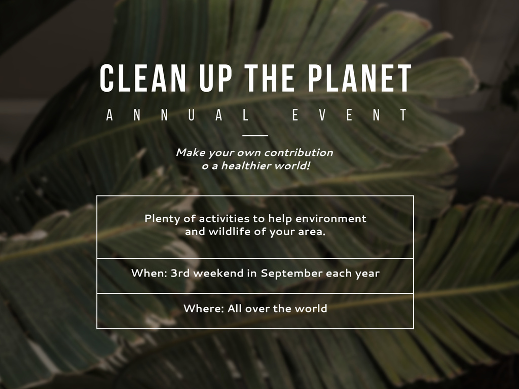 Designvorlage Annual Eco Cleaning Event Announcement with Tropical Leaves für Poster 18x24in Horizontal