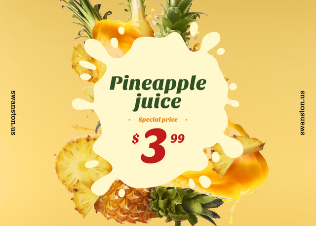 Ontwerpsjabloon van Flyer 5x7in Horizontal van Fresh Fruit Pieces in Pineapple Juice Offer In Yellow