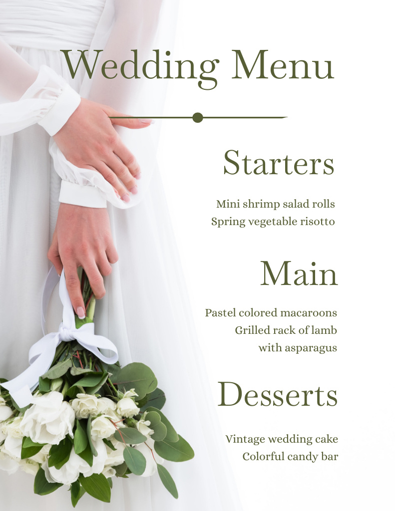 White Wedding Food List with Bride Menu 8.5x11in Design Template