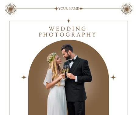 Wedding Photography Offer with Couple Holding Glasses of Champagne Facebook Design Template