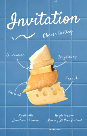 Оголошення про дегустацію різноманітних сирів блакитним кольором Invitation 4.6x7.2in – шаблон для дизайну