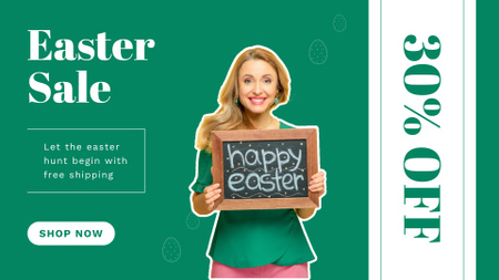 Ontwerpsjabloon van FB event cover van Pasen-verkoopadvertentie met glimlachende blondevrouw