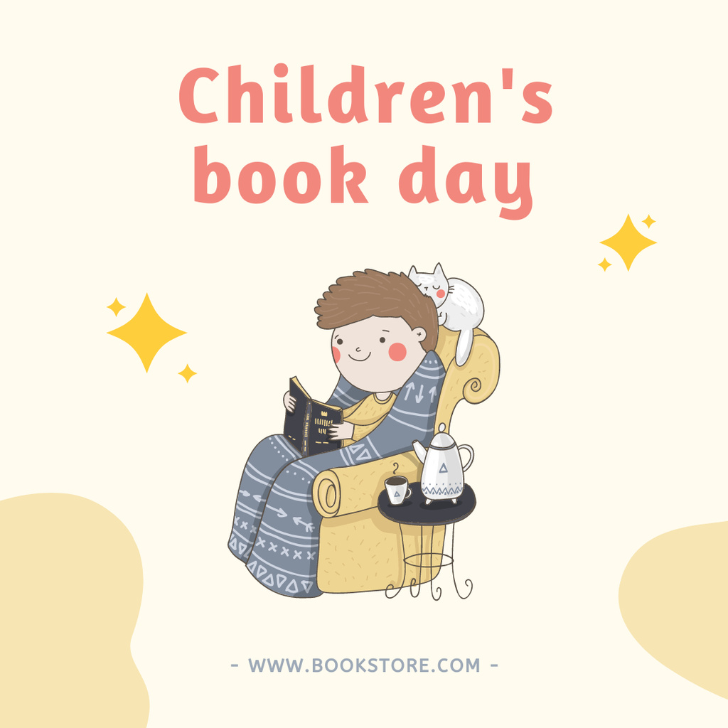 Children Books Day Announcement with Cute Boy Instagram Design Template