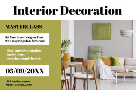 Plantilla de diseño de Interior Decoration Masterclass Ad with Modern Living Room Interior Flyer 4x6in Horizontal 