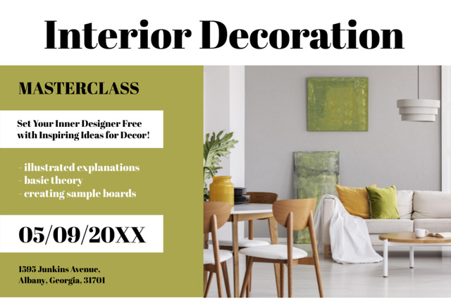 Interior Decoration Masterclass Ad with Minimalist Living Room Interior Flyer 4x6in Horizontal Design Template