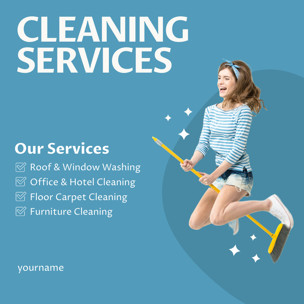 Competent Cleaning Services Offer with Woman On Broom Instagram AD Tasarım Şablonu