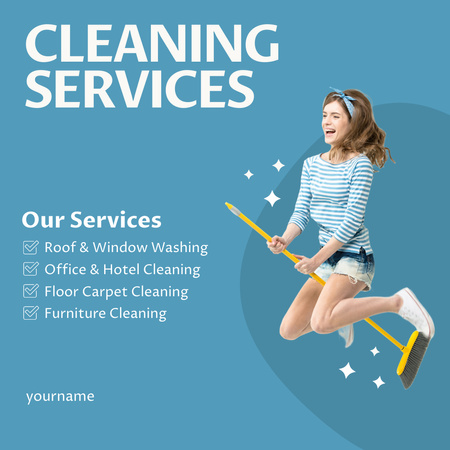 Competent Cleaning Services Offer with Woman On Broom Instagram AD Design Template