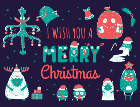 Merry Christmas Card with Funny Monsters Postcard 4.2x5.5in Design Template