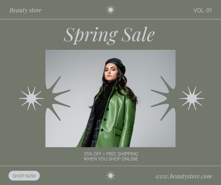 Plantilla de diseño de Venta de primavera con mujer elegante en chaqueta de cuero Facebook 
