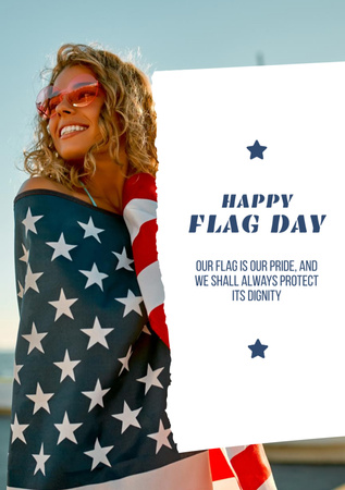 Plantilla de diseño de Anuncio de celebración del día festivo nacional de EE. UU. con una mujer envuelta en una bandera Postcard A5 Vertical 